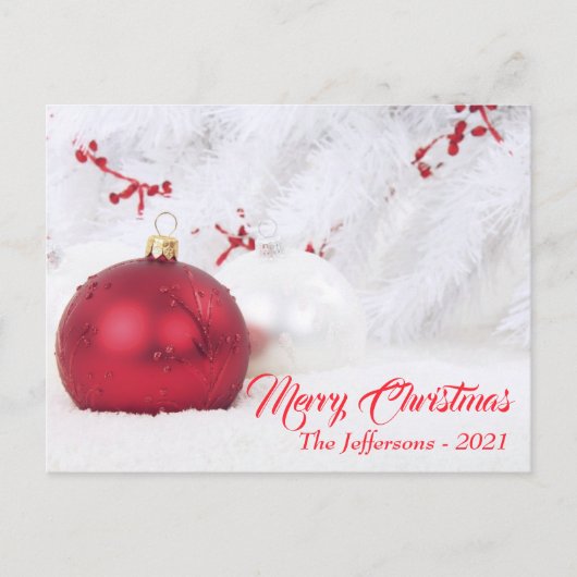 赤と白のメリークリスマスボールオーナメント ポストカード (正面)