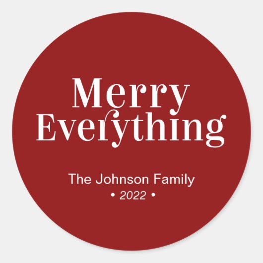 赤と白のモダンなクリスマスステッカー「Merry Everything」 ラウンドシール (正面)