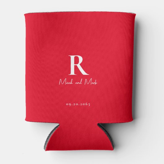 赤と白のモノグラムとカップルの名結婚前 缶クーラー (正面)