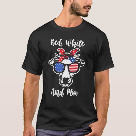 赤と白のモーモー牛バンダナ アメリカ国旗 サングラス Tシャツ (正面)