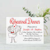 赤と白のリハーサルのディナーカートゥーン花嫁&新郎 招待状 (スタンド正面)