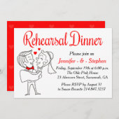 赤と白のリハーサルのディナーカートゥーン花嫁&新郎 招待状 (正面/裏面)