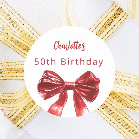 赤と白のリボンの誕生日 ラウンドシール