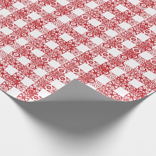 赤と白のレースのパター市松模様にンクリスマス ラッピングペーパー (角)