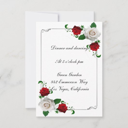 赤と白のローズクリスマスウェディングレセプションカード 招待状 (正面)