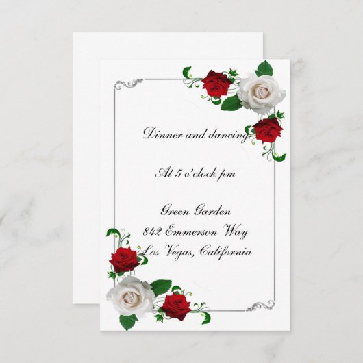 赤と白のローズクリスマスウェディングレセプションカード 招待状 (正面/裏面)