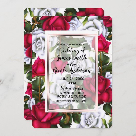 赤と白のローズシャビーシックなグラーム結婚ズ 招待状 (正面/裏面)