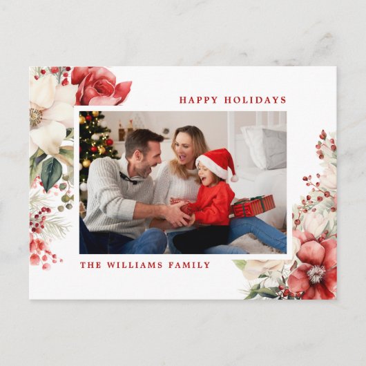 赤と白のローズメリークリスマスフォト シーズンポストカード (正面)