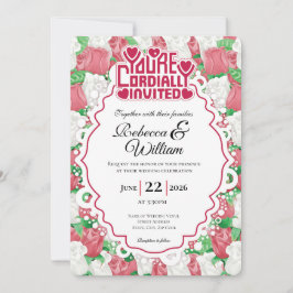 赤と白のローズ ウェディング 招待状 - 赤い見出し #3