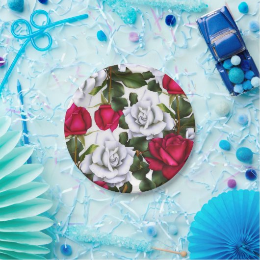 赤と白のローゼスシャビーシック素朴グモダンラム ペーパープレート (パーティー)