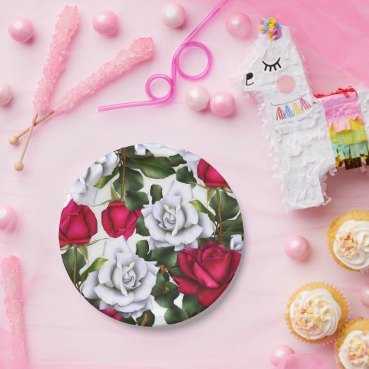 赤と白のローゼスシャビーシック素朴グモダンラム ペーパープレート (パーティー)