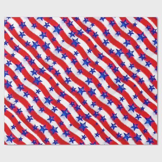 赤と白の上に波打つ愛国的な青いストライプ星 ラッピングペーパー (フラット)