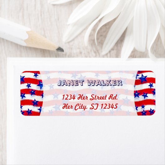 赤と白の上に波打つ愛国的な青いストライプ星 ラベル (インサイチュ)