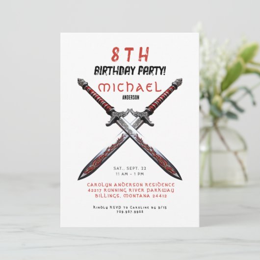 赤と白の剣の誕生日パーティー招待状 招待状 (スタンド正面)
