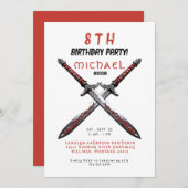 赤と白の剣の誕生日パーティー招待状 招待状 (正面/裏面)