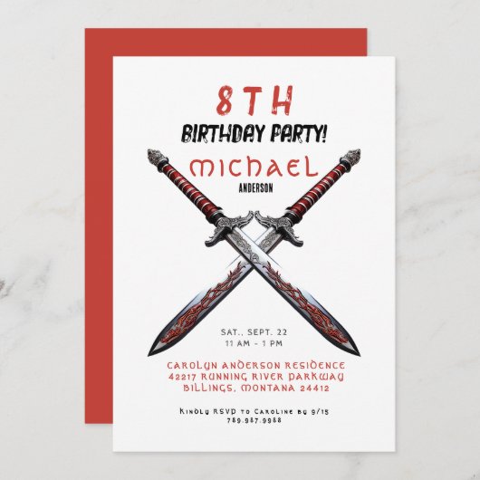 赤と白の剣の誕生日パーティー招待状 招待状 (正面/裏面)