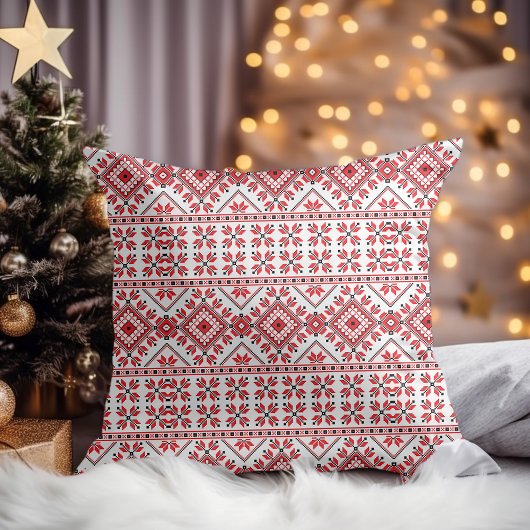 赤と白の北欧クラシックフェア島モチーフ クッション