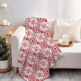 赤と白の北欧クラシックフェア島モチーフ フリースブランケット