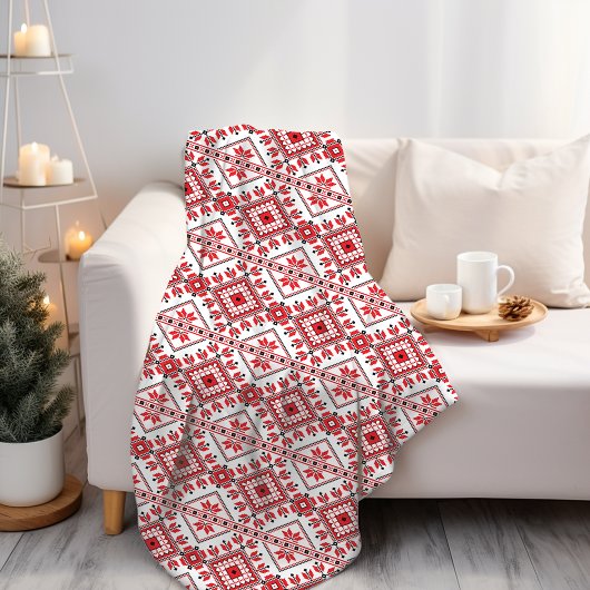 赤と白の北欧クラシックフェア島モチーフ フリースブランケット