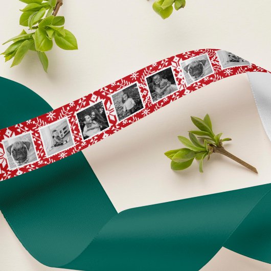 赤と白の北欧セーターのパターン写真 サテンリボン