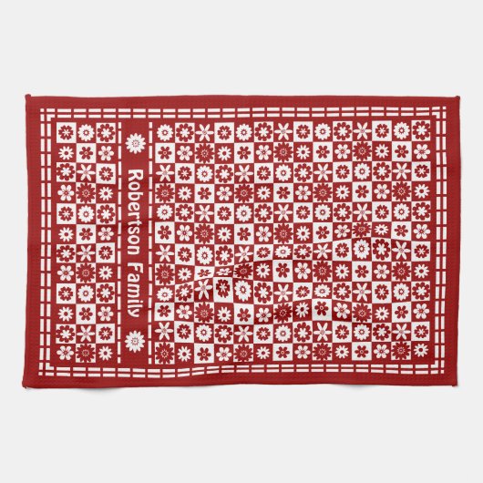 赤と白の国のクラシックなレトロの花の点検 キッチンタオル (横)