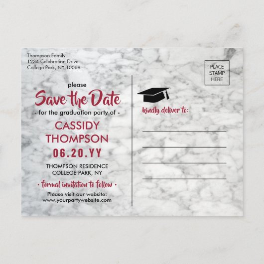 赤と白の大理石の卒業写真の日付を保存 ポストカード (裏面)