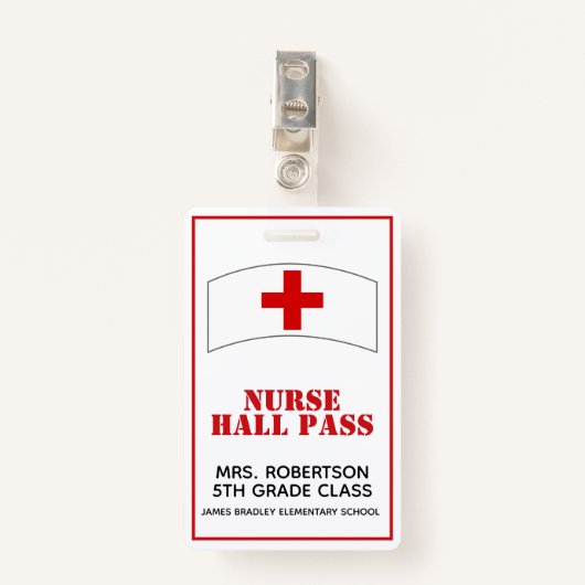 赤と白の学校のナースのホールパスのバッジ バッジ (正面クリップ)