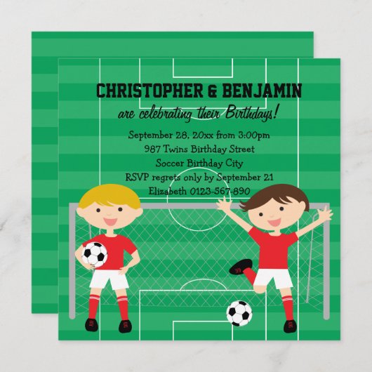 赤と白の対の男の子のサッカーv2の誕生会 招待状 (正面/裏面)
