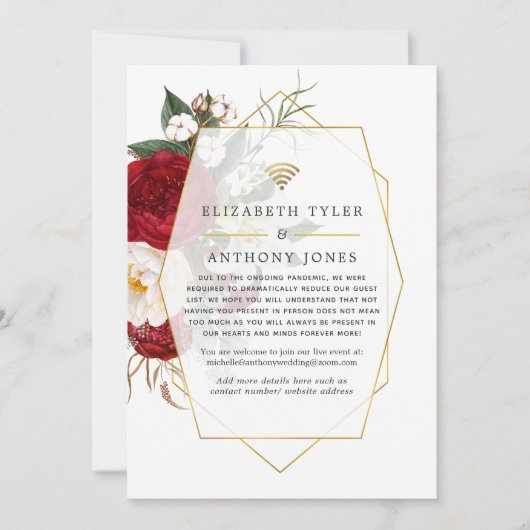 赤と白の幾何学的なバーチャルウェディングゲストリスト 案内状 (正面)