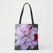 赤と白の斑入りのダリアの花 フローラル トートバッグ (正面)