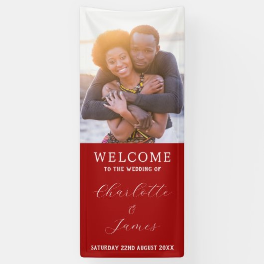 赤と白の新婚夫婦の写真 横断幕 (縦)
