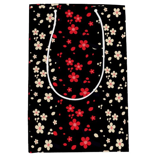 赤と白の日本の桜さくらんぼ花 ミディアムペーパーバッグ (正面)
