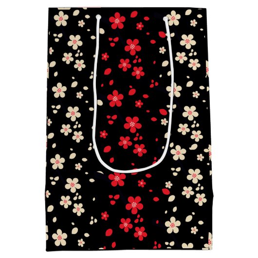 赤と白の日本の桜さくらんぼ花 ミディアムペーパーバッグ (裏面)
