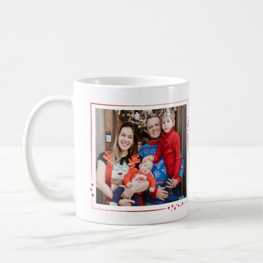 赤と白の星の家族の写真メリークリスマス コーヒーマグカップ (左)