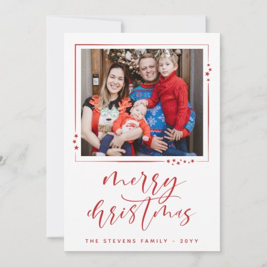 赤と白の星2枚の写真メリークリスマス シーズンカード (正面)