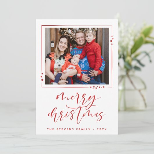 赤と白の星2枚の写真メリークリスマス シーズンカード (スタンド正面)