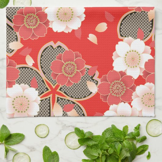 赤と白の桜日本の着物 キッチンタオル (折り畳み)