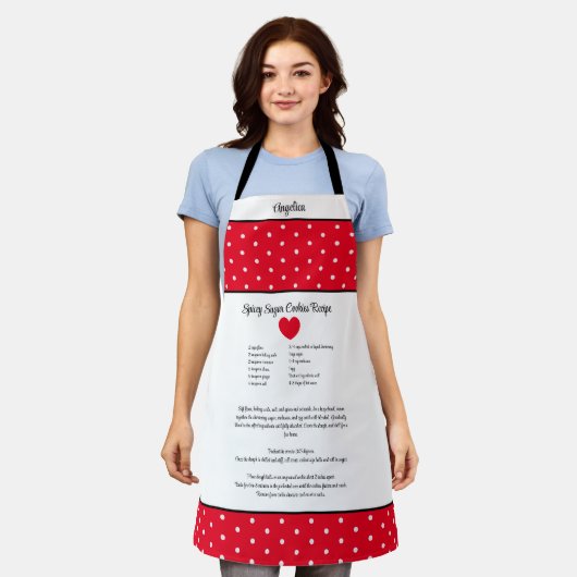 赤と白の水玉模様とレシピ。 エプロン (着用した状態)