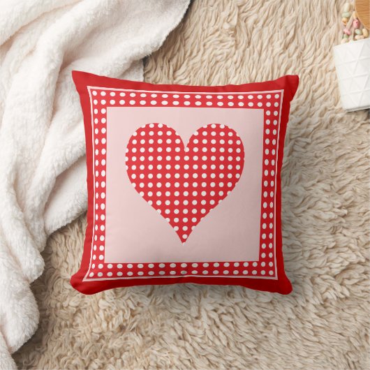 赤と白の水玉模様のハートパターン クッション (ブランケット)