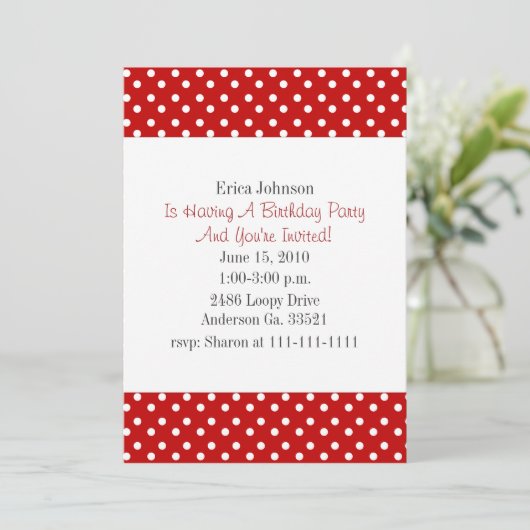 赤と白の水玉模様のプリントのパーティの招待状 招待状 (スタンド正面)
