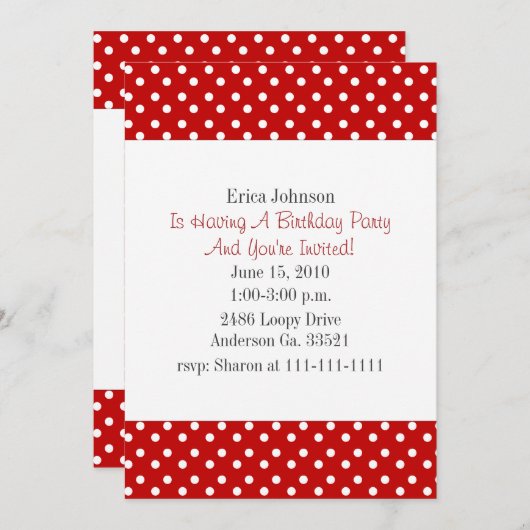 赤と白の水玉模様のプリントのパーティの招待状 招待状 (正面/裏面)