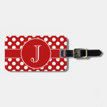 赤と白の水玉模様のモノグラムのな荷物のラベル