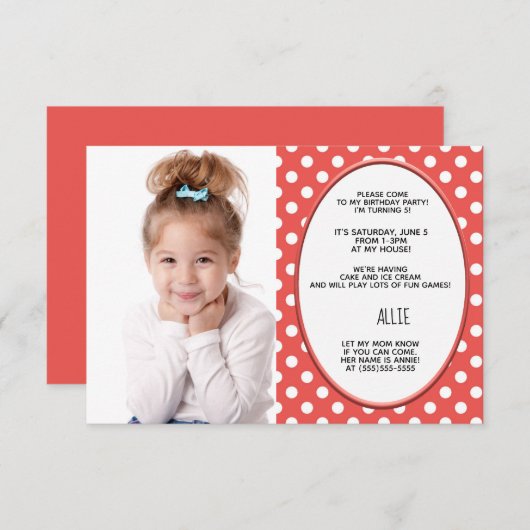 赤と白の水玉模様誕生日パーティフォト招待状 招待状 (正面/裏面)