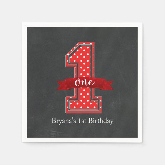 赤と白の水玉模様1 One 1歳の誕生日パーティー スタンダードカクテルナプキン (正面)