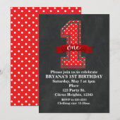 赤と白の水玉模様 1歳の誕生日パーティー 招待状 (正面/裏面)