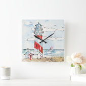 赤と白の灯台場面 スクエア壁時計 (ホーム)