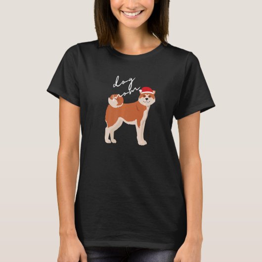 赤と白の秋田犬の母のクリスマス Tシャツ (正面)