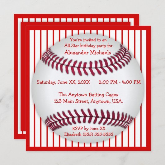 赤と白の細い縦縞の野球の誕生会 招待状 (正面/裏面)
