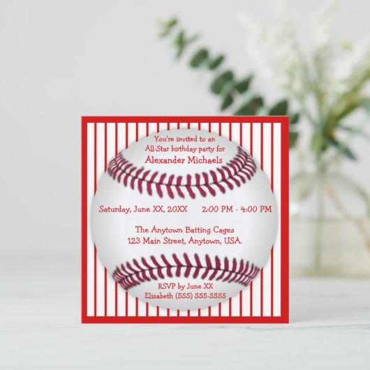 赤と白の細い縦縞の野球の誕生会 招待状 (スタンド正面)