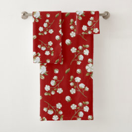 赤と白の綿のボールの茎の水彩模様 バスタオルセット
